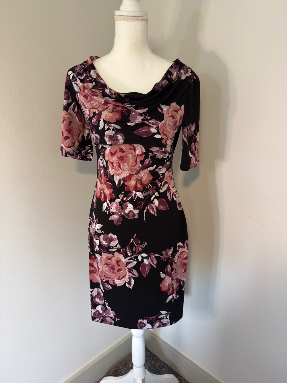 Connected Apparel Black and Pink Floral  Cowl Neck Sheath Dress Size 8P Petite